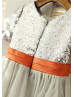 Short Sleeves Silver Sequin Gray Tulle Knee Length Flower Girl Dress